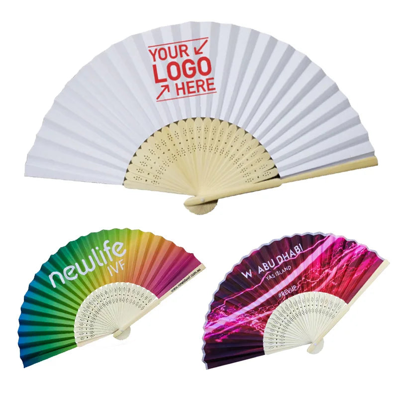 Custom DIY Logo Fan Wedding Hand Fan 21cm Small Silk Fabric/Paper Folding Bamboo Fan on Both Sides for Advertisement