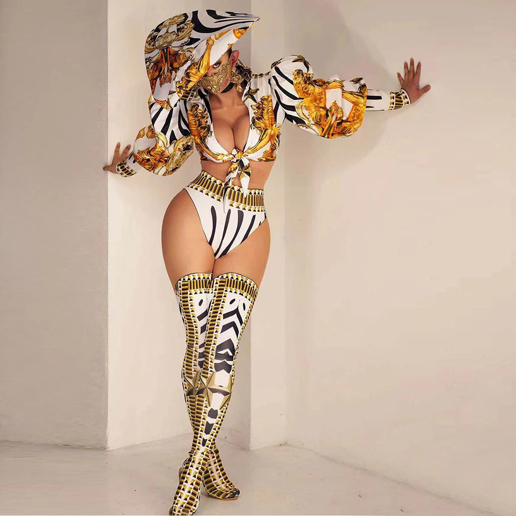 Vintage Print V Neck Top Shorts Hats Festival Outfit Sets Women Drag Show Stage Drama Performance Wear Club Gogo Dancer Costume