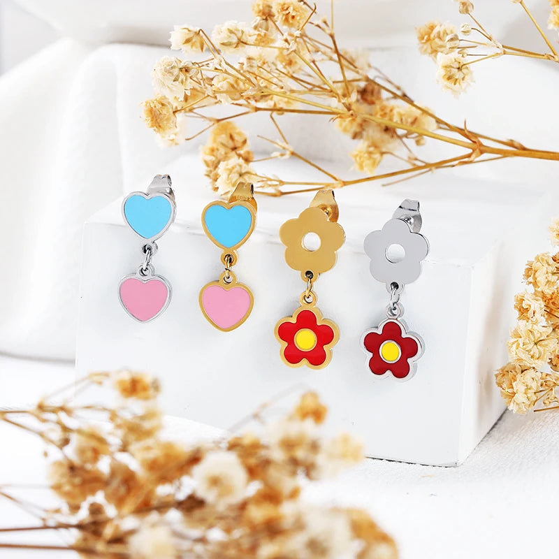 HOVANCI Summer Jewelry Waterproof Trendy Enamel Floral Daisy Stud Delicate Stainless Steel Candy Colorful Flower Heart Earings