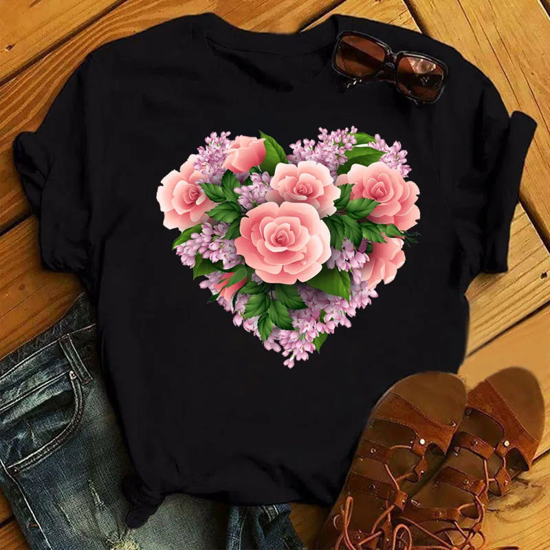 Women Graphic Flower Floral Printed T-shirts Cute Style Vintage Print Tops Lady Tees Clothing Female T Shirt Womens T-Shirts