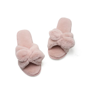 New Design Women's Winter Anti-Slip Massage Light Weight Faux Rabbit Fur Fluffy Plush TPR Outsole Bowknot Open Toe Slipper