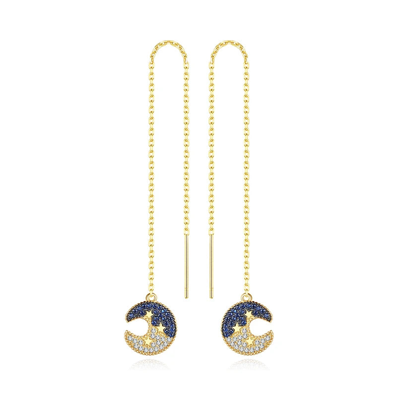 LOUTEEMI Little Blue Moon with Stars Shinning Earrings Gold Plated Fashion Long Wire Women Wholesale