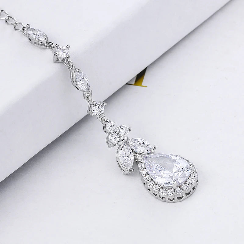 Weiman Rhodium Silver Plated Classic Style Halo Pear Cut Cubic Zirconia Pendant Brass Back Drop for Bridal Wedding Necklace