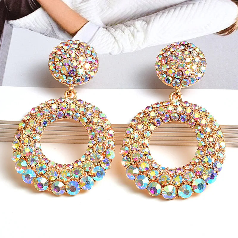 Dainty Minimalist Colorful Big Round Drop Dangle Earrings Fashion Statement Rhinestone Crystal Beaded Hoop Earrings for Women