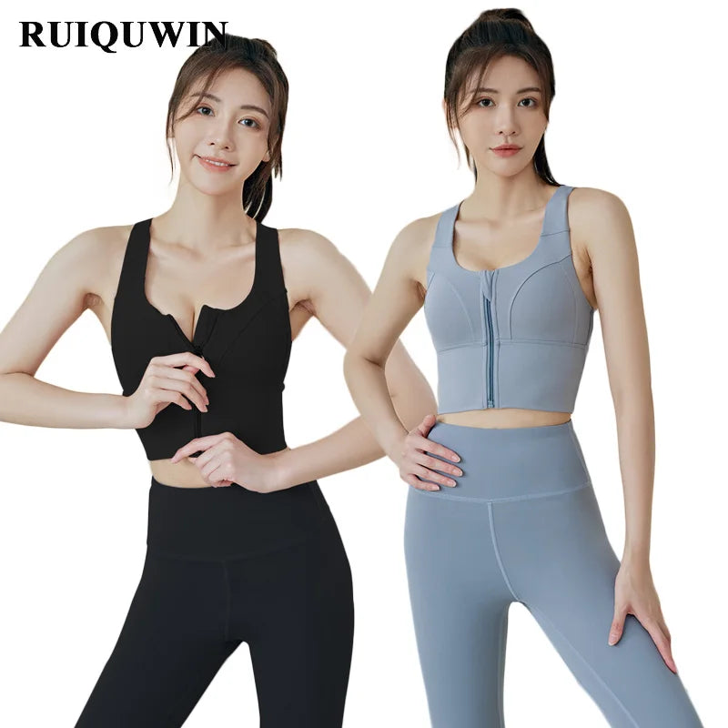 RUIQUWIN New Arrival Shockproof Running Back Cross High Strength Ladies Sports Bra Top Zipper Workout Sports Bra