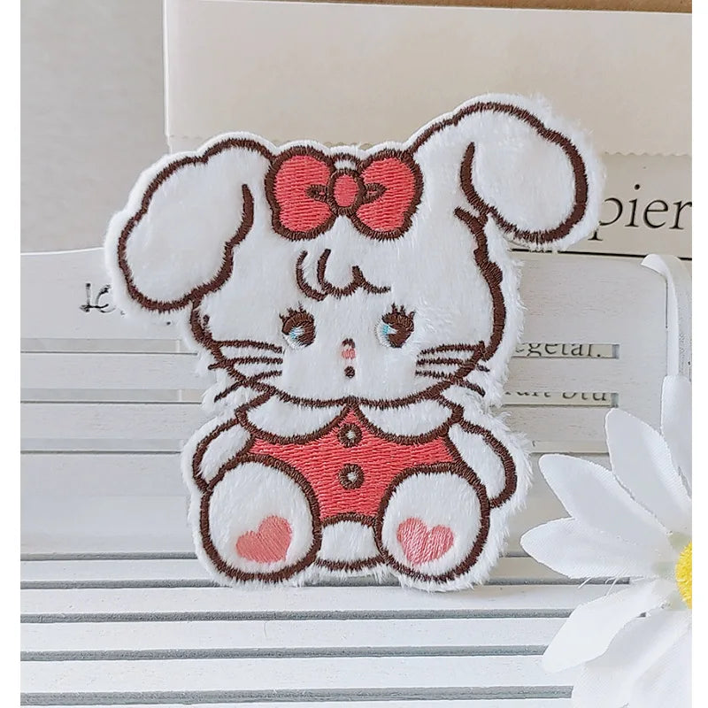 Stock Self Sticker Kawaii Embroidery Eco-Friendly PVC Cartoon Furry Rabbit Cat Bear Patch for Bag Phone Case Decoration