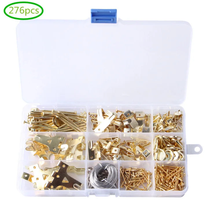 Iron Bronze Color Picture Hanging Tool Kit with Brass Plated Traceless Hooks-Durable 276 Sets Plastic Box Packaging
