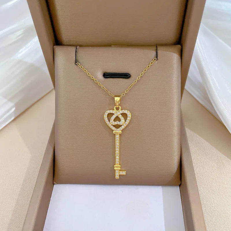 Fashion Gold Plating Stainless Steel Crystal Diamond Double Love Heart Key Pendant Necklace for Women Girls Wedding Jewelry