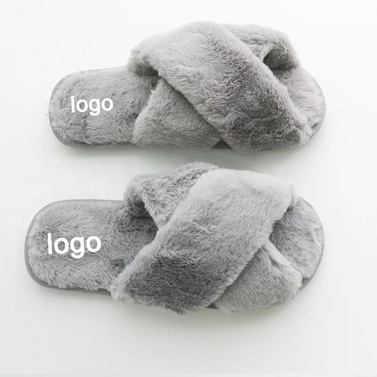 2023 Wholesale Fashion Quick-delivery Winter Cross Strap Indoor Faux Fur Fluffy Women Home Grey Slippers for Germany