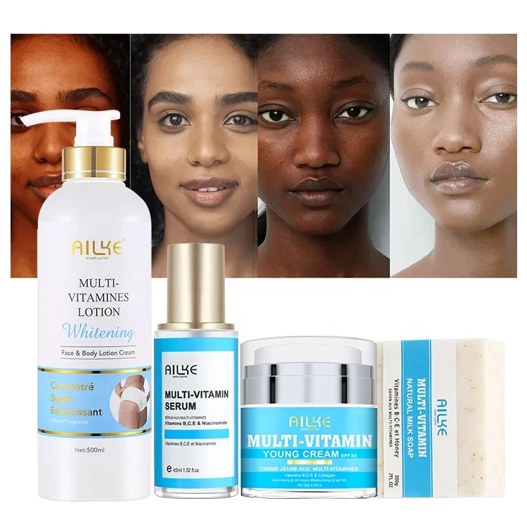 AILKE Fast Whitening Vitamin C Sets Whitening Goat Milk Soap Body Lotion Serum Face Whitening Cream Set