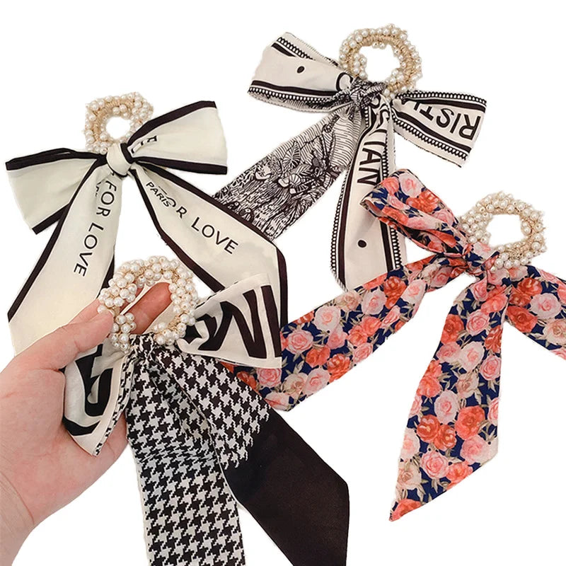 Women's Floral Streamer Stripe Printed Headband Refreshing Fabric with Black Bow Pearl Ribbon Letters Design Hair Band Accessory