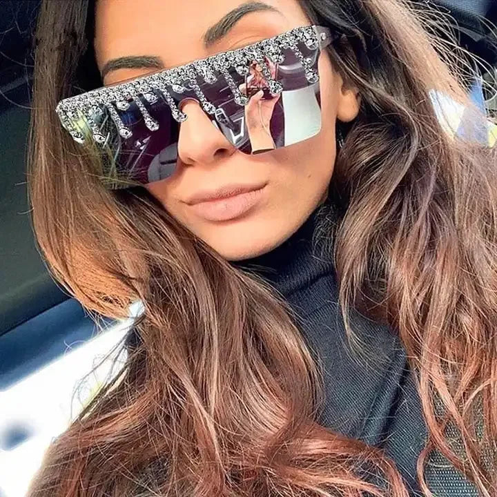 20395 Luxury Diamond Sunglasses Wholesale 2024 Bling Oversized One Lens Women Square Women Eye Protection Decoration UV400