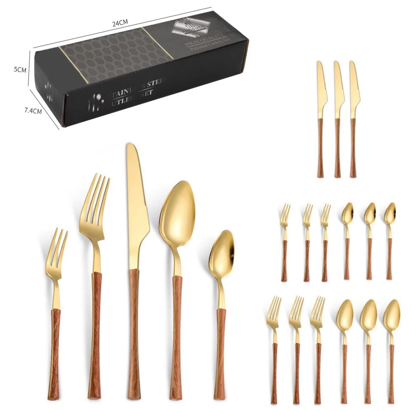 Modern 24-Piece Gold Flatware Set with Faux Wood Handle Stainless Steel Cutlery in Gift Box for Restaurant & Wedding