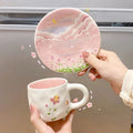 New Product-ins Style pink Ceramic Mug Hand-painted Flowers Coffee Cup and Saucer