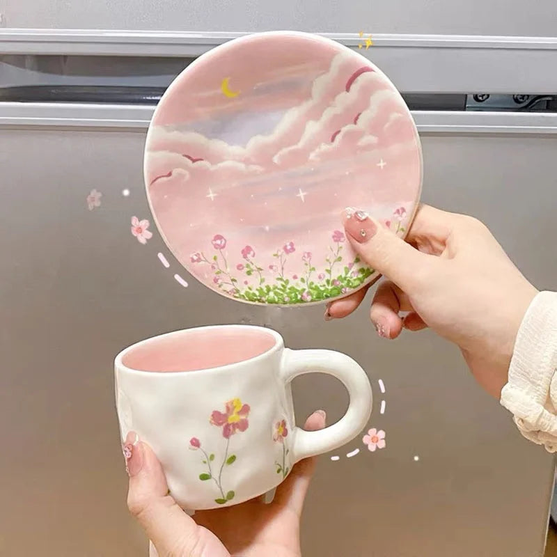 New Product-ins Style pink Ceramic Mug Hand-painted Flowers Coffee Cup and Saucer
