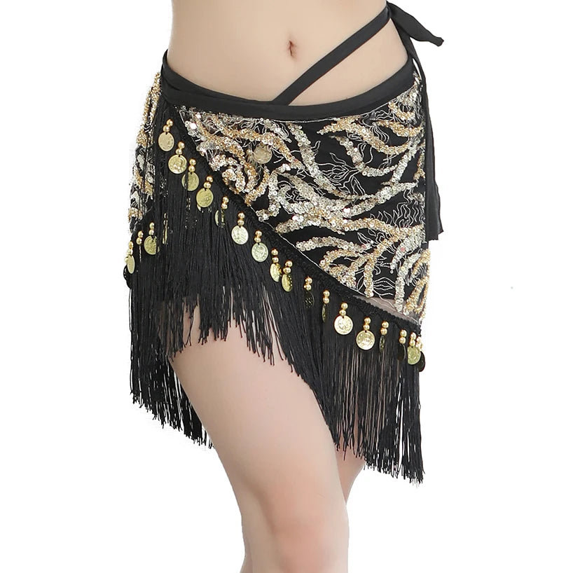 Girls Belly Dancing Fashion Dress with Sequins 2-Color Jacquard Triangular Hip Scarf Mini Skirt Mesh Material for Stage Wear