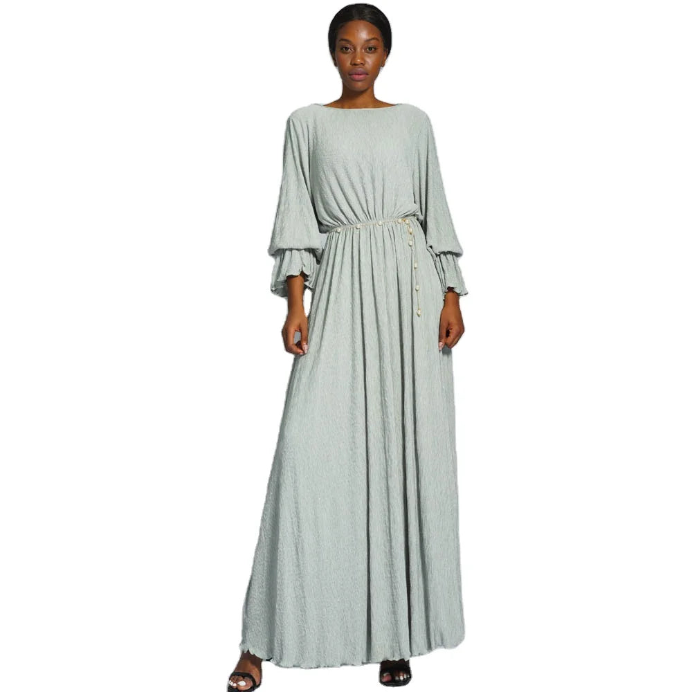 Pure Color Crinkle Sprinkle Gold Elastic Material Flare Sleeve With Pearl Belt Summer Autumn Modern Abaya Women Muslim Dress
