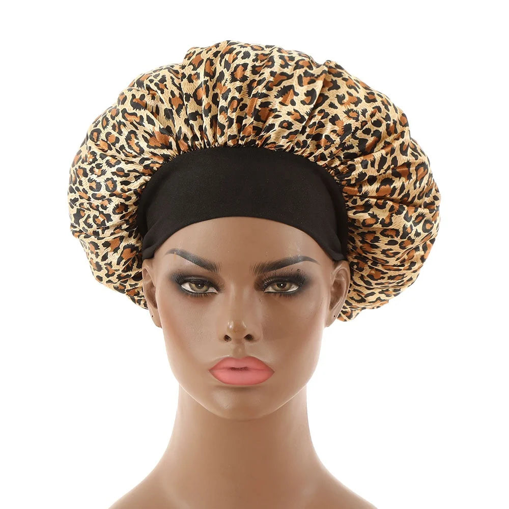 Hot Sale Leopard Print Women Satin Night Sleep Hats Shower Hats Elastic Band Satin Bonnet Hair Jewelry