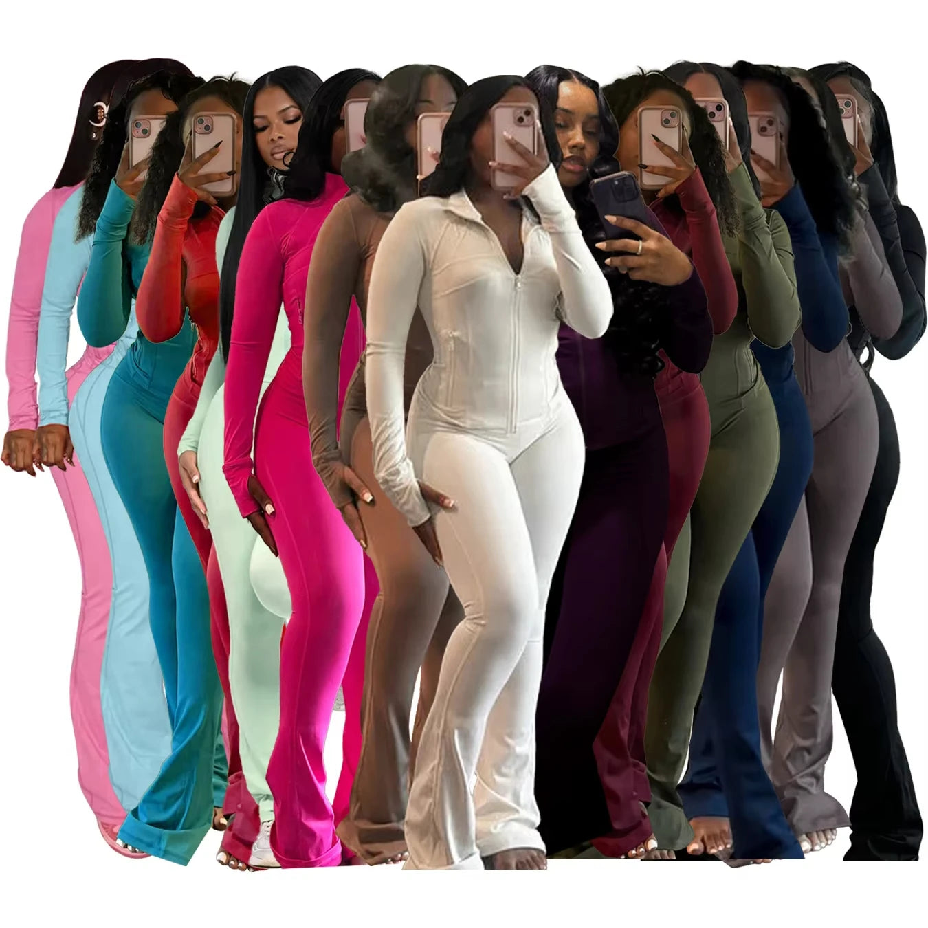 Truen 2024 New Arrival Long Sleeve Two Piece Sets Women Full Zipper Tracksuits Solid Color Flare Pants Women's Clothing
