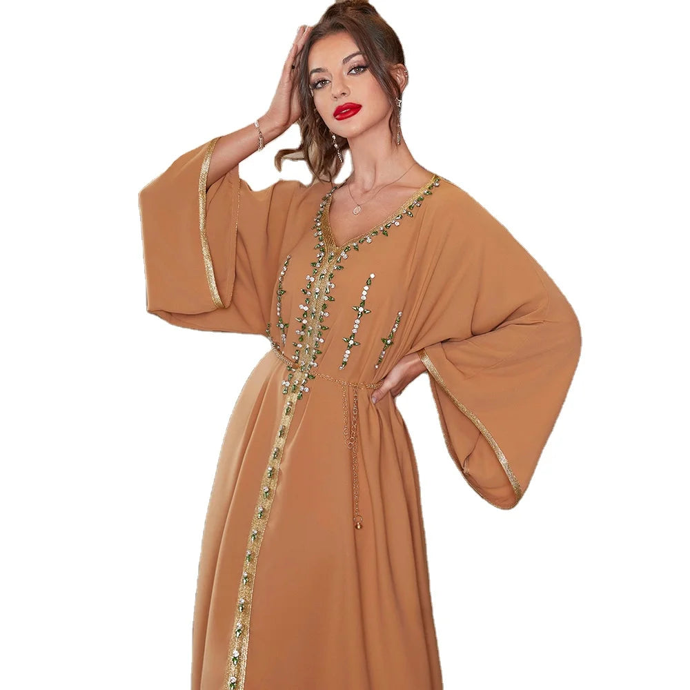 2024 Newest Coming Rhinestone Decoration Khaki Color Soft Material V Neck Middle East Dubai Women Traditional Muslim Clothing