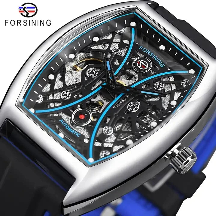 Forsining Watch Men's Mechanical Skeleton Self Winding Silver Wristwatch Rectangle Man Automatic Watches Men Clock Relogio Mascu