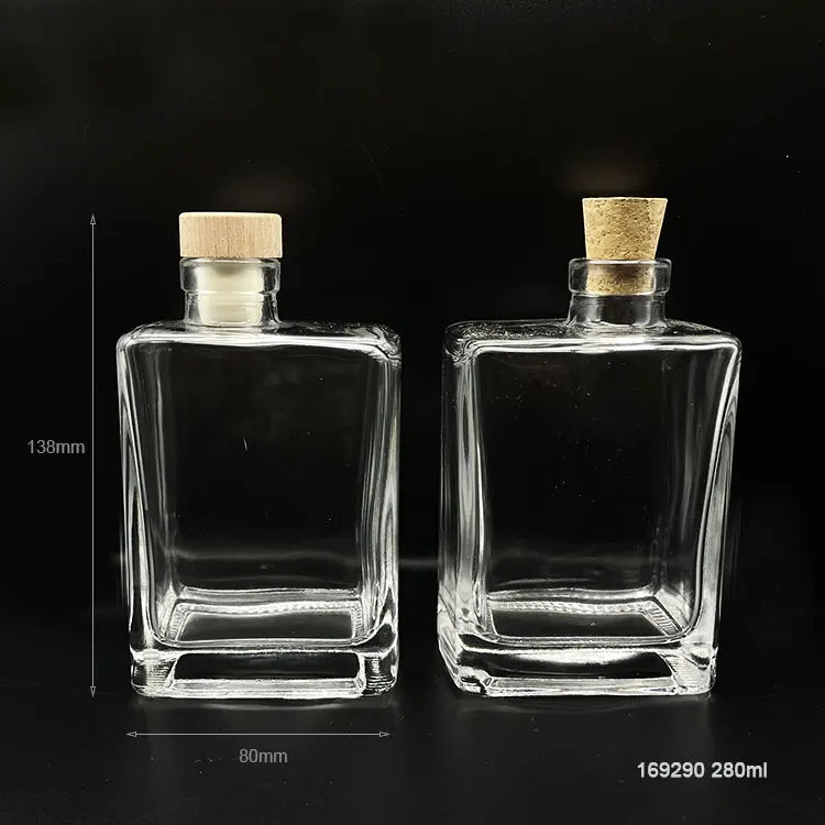 280ml Clear Empty Square Crooked Mouth Beverage Milk Tea Glass Bottles with Cork Stopper