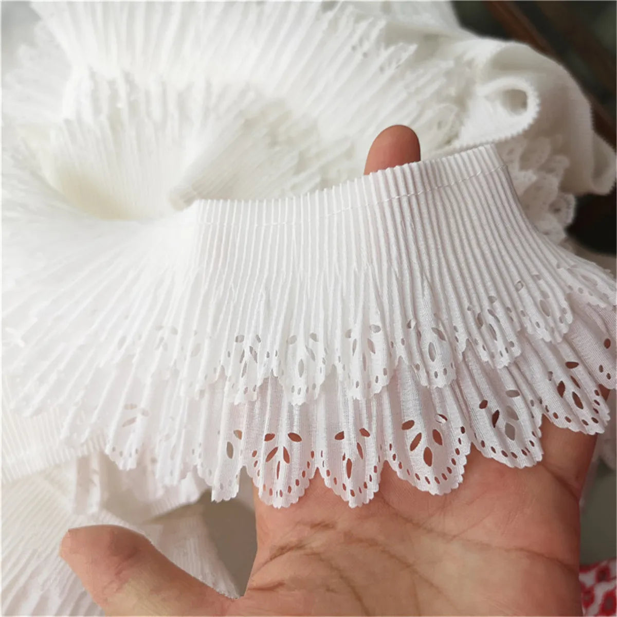 1 Yard Double Layer Trim Lace Pleated Chiffon Hollow White Fabric Collar Dress DIY Sewing 3.15" Width