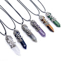 MIENTER Antique Silver Flower Wrapped Natural Quartz Gemstone Healing Crystal Hexagon Pendant Necklace