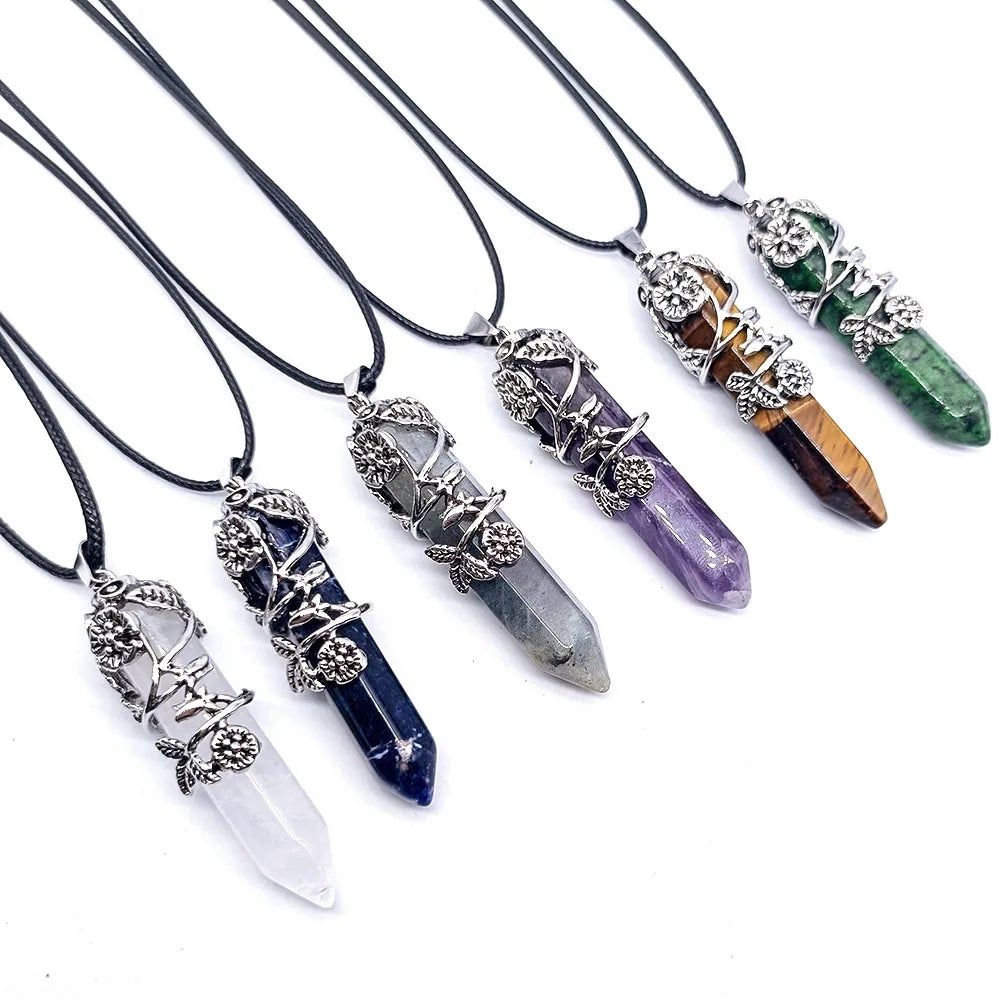 MIENTER Antique Silver Flower Wrapped Natural Quartz Gemstone Healing Crystal Hexagon Pendant Necklace