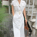 Wholesale 2026 Summer Korean Solid Color Retro Niche Lapel Multi-pocket Design Buckle Lace-up Waist Short-sleeved Women Dress
