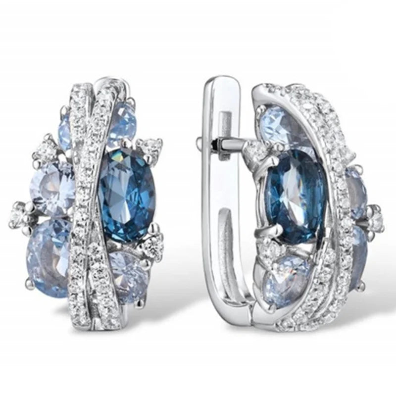 CAOSHI Elegant Oval Crystal Buckle Creative X-shaped Design Hollow Earrings Sparkling Blue Purple Zircon Earrings for Women Girl