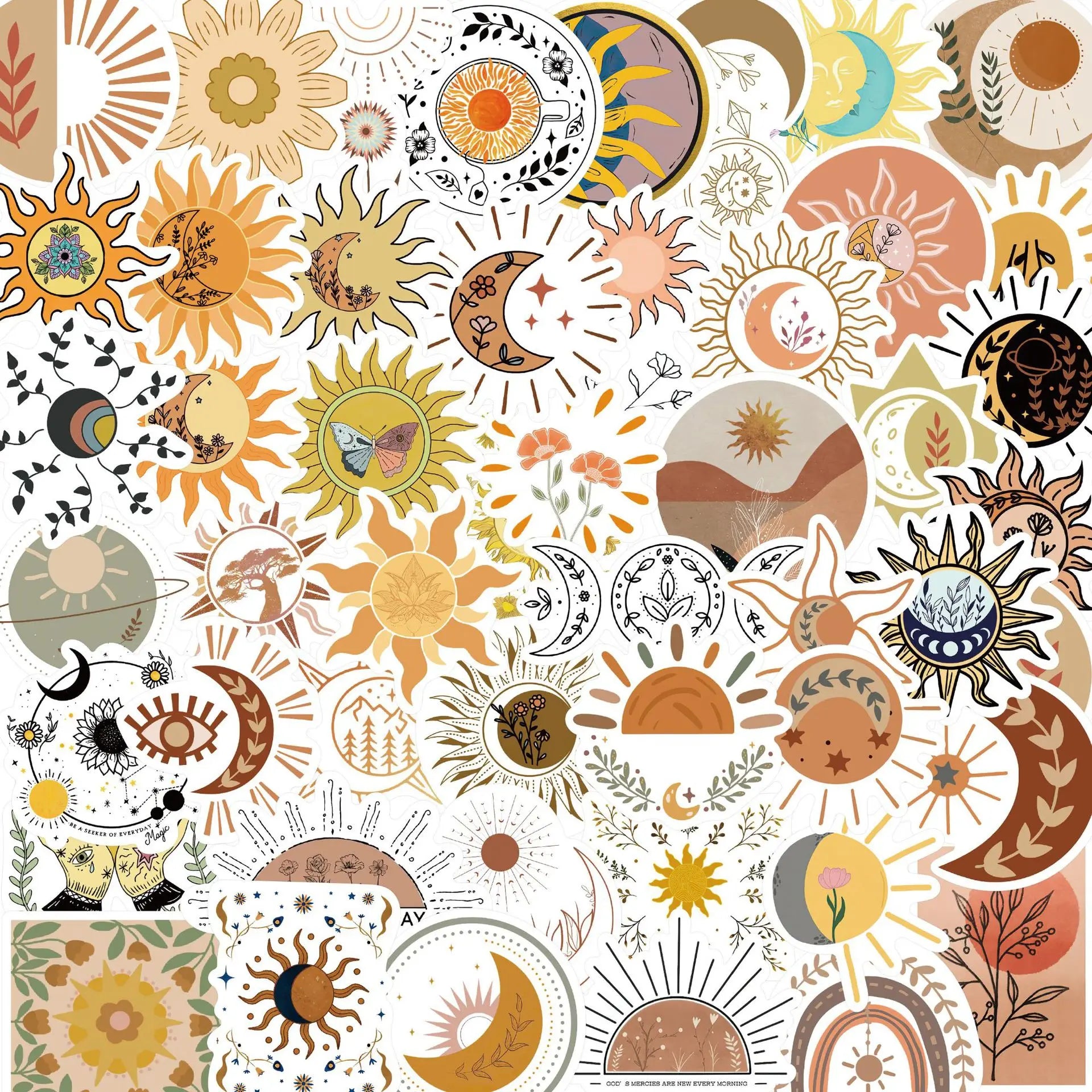 50Pcs Cartoon Boho Style Sun Flowers Graffiti Stickers for Car Book Bottle Waterproof Vinyl Vintage Sticker