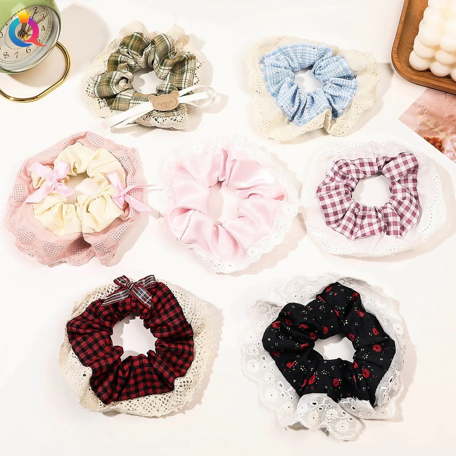 QIYUE Lace Wind Bow Large Scrunchies High-grade Sweet Girl Floral Scrunchies Women's Hair Accessories