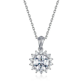 S925 Sterling Silver Round Moissanite Sunflower Halo Round Moissanite Bridal Wedding Diamond Pendant Necklace for Women