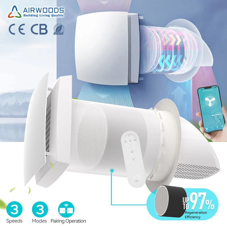 Waste Heat Recovery Systems Single Room Wall HRV ERV Heat Energy Smoke Ventilation System AIRWOODS AV-TTW5-W High Efficiency