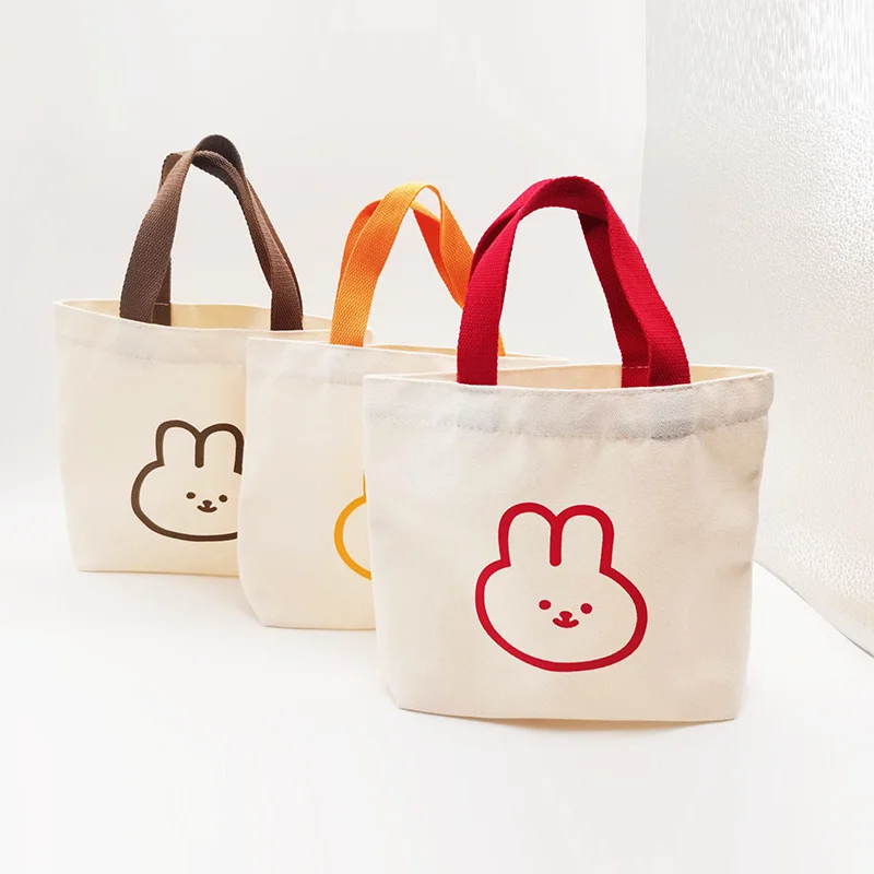 Custom Logo Printed Rabbit Pattern Canvas Tote Bag Reusable Small Shopping Bag with Long Ribbon Handles for Advertising Gifts