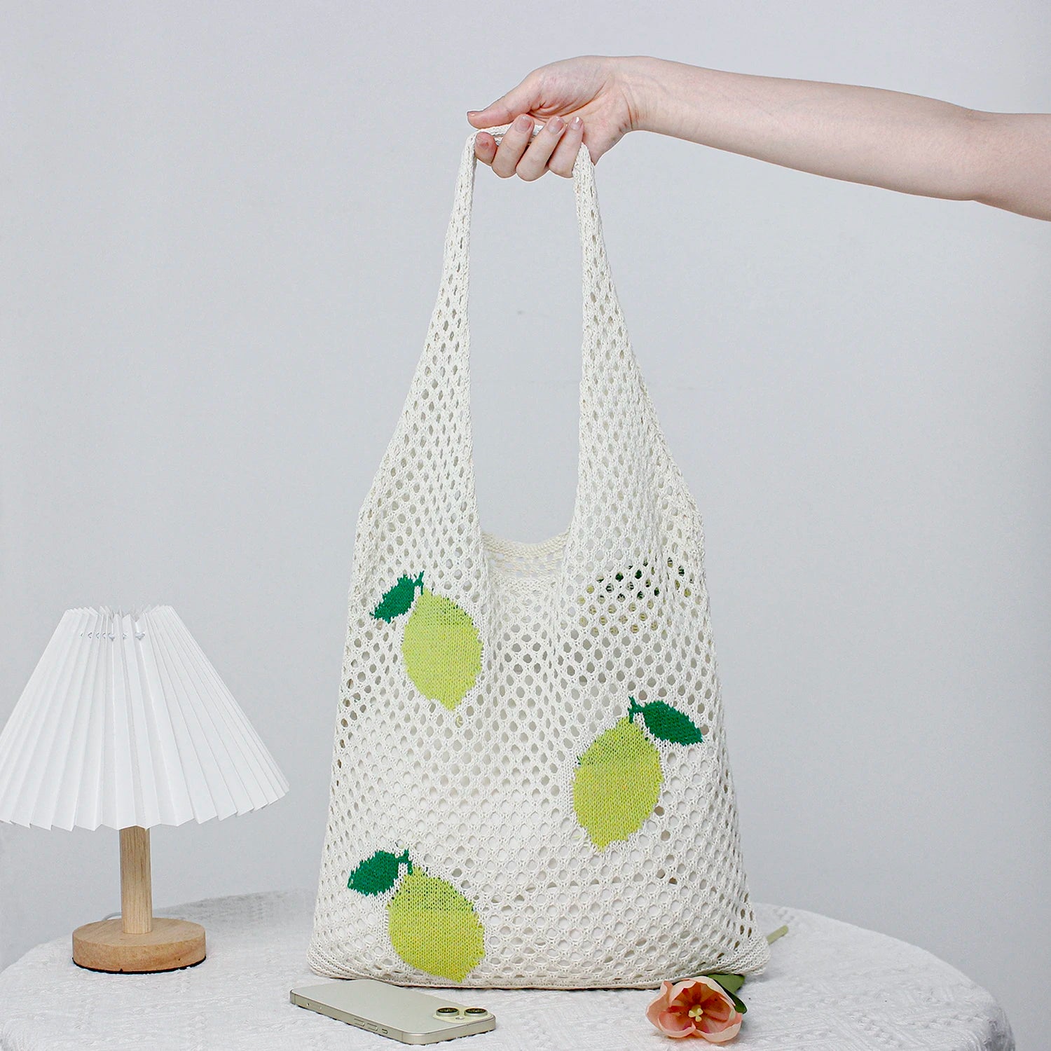 New Style Summer Yellow Pear Pattern Knitted Crochet Beach Tote Bags Large Capacity Portable Mesh Hollow Open Autumn Winter