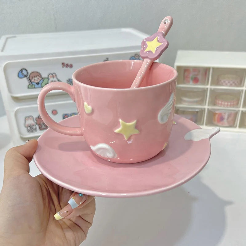Ins Korean Clouds Irregular Coffee Cup Saucer pink Embossed Star Cup