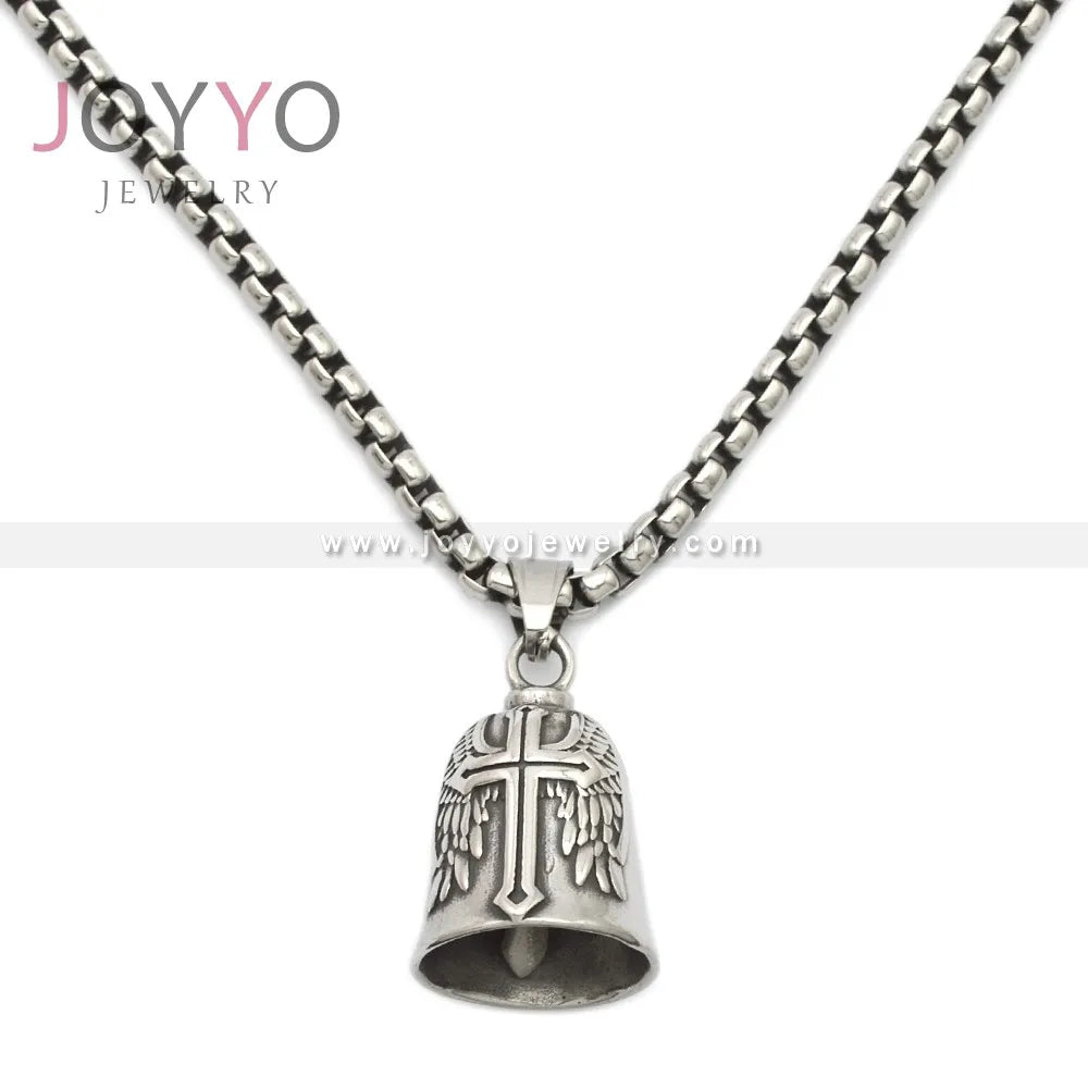Biker Jewelry Stainless Steel Angel Wing Pendant Sublimation Cross with Wing Bell Pendant