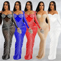 Rhinestone Mesh Women Long Sleeve Party Club Bodycon Streetwear Fall Long Dress 2022 Winter Clothes