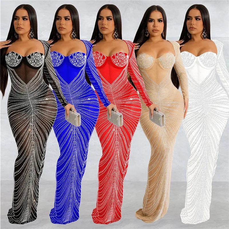 Rhinestone Mesh Women Long Sleeve Party Club Bodycon Streetwear Fall Long Dress 2022 Winter Clothes