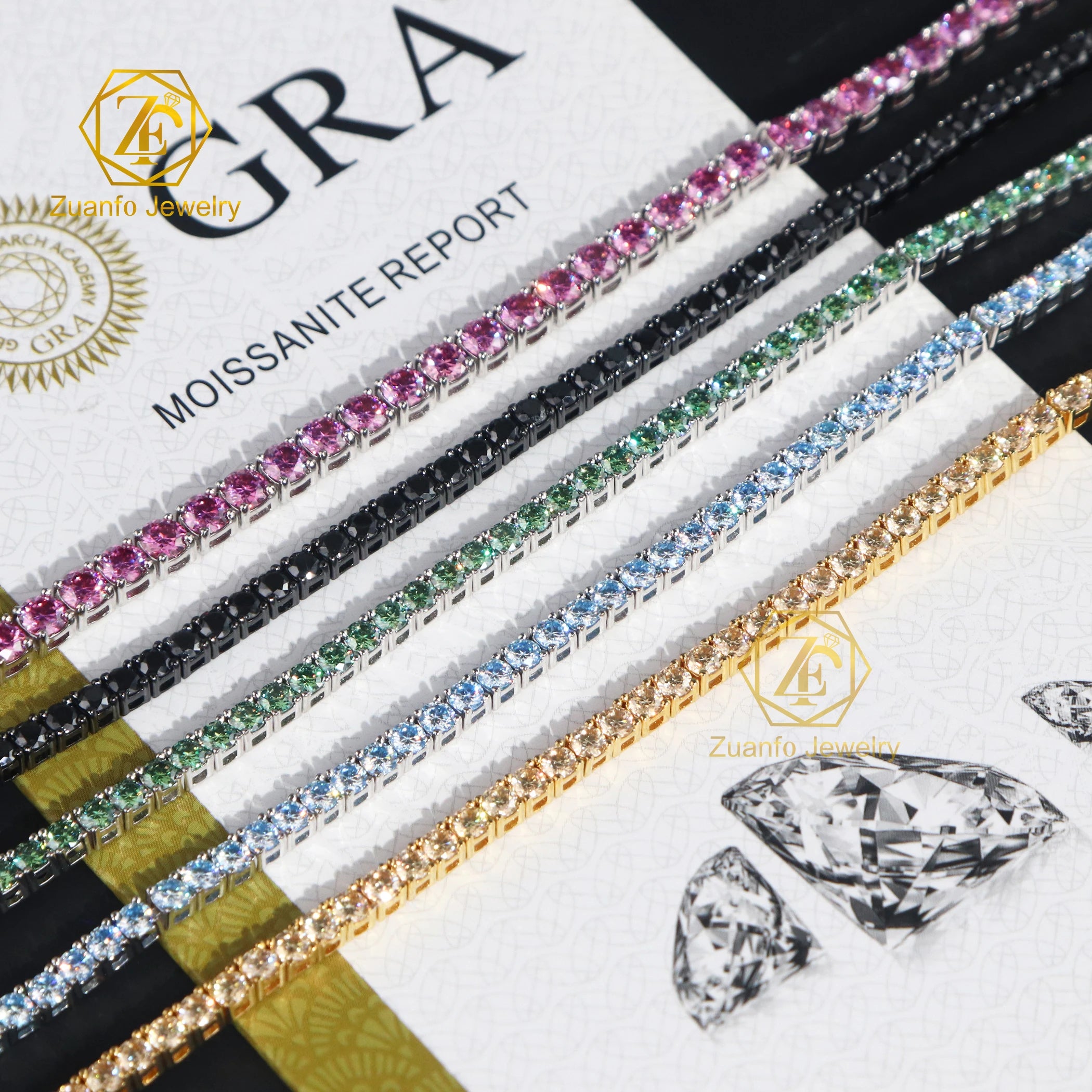 925S Silver  Moissanite Chain 18k Gold Plated 3mm Mosan Yellow Blue Green Color Diamond Hip Hop Tennis Chain Bracelets for Men