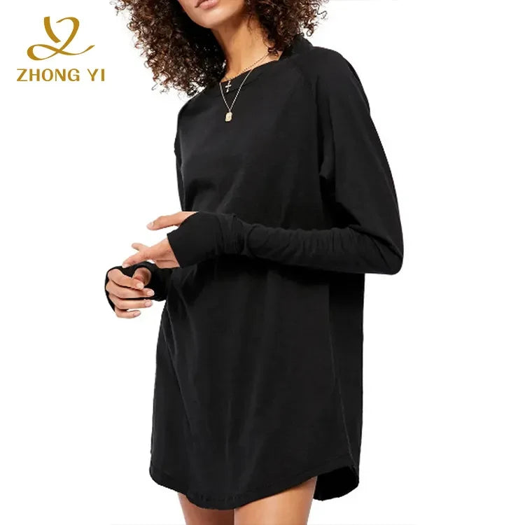 Clothing Factory Custom Solid Color Shirts Women's Fashion Harajuku O Neck Black Inside Long Sleeves Ladies Casual Tops T Shirts