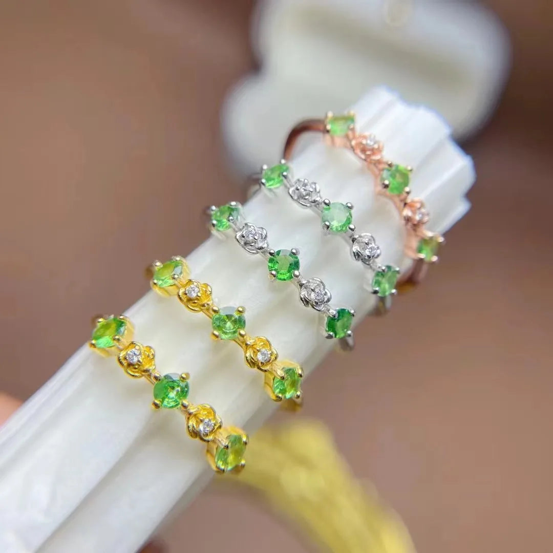 Factory Wholesale 925 Sterling Silver 18k Rose Gold Plated Natural Tsavorite Simple Design Handmade Rings for Girls