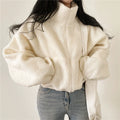 Autumn Winter Women Fashion Loose Style Fleece Solid Color Stand Collar Jackets Coat