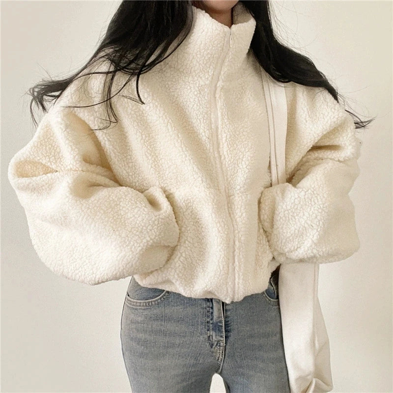 Autumn Winter Women Fashion Loose Style Fleece Solid Color Stand Collar Jackets Coat