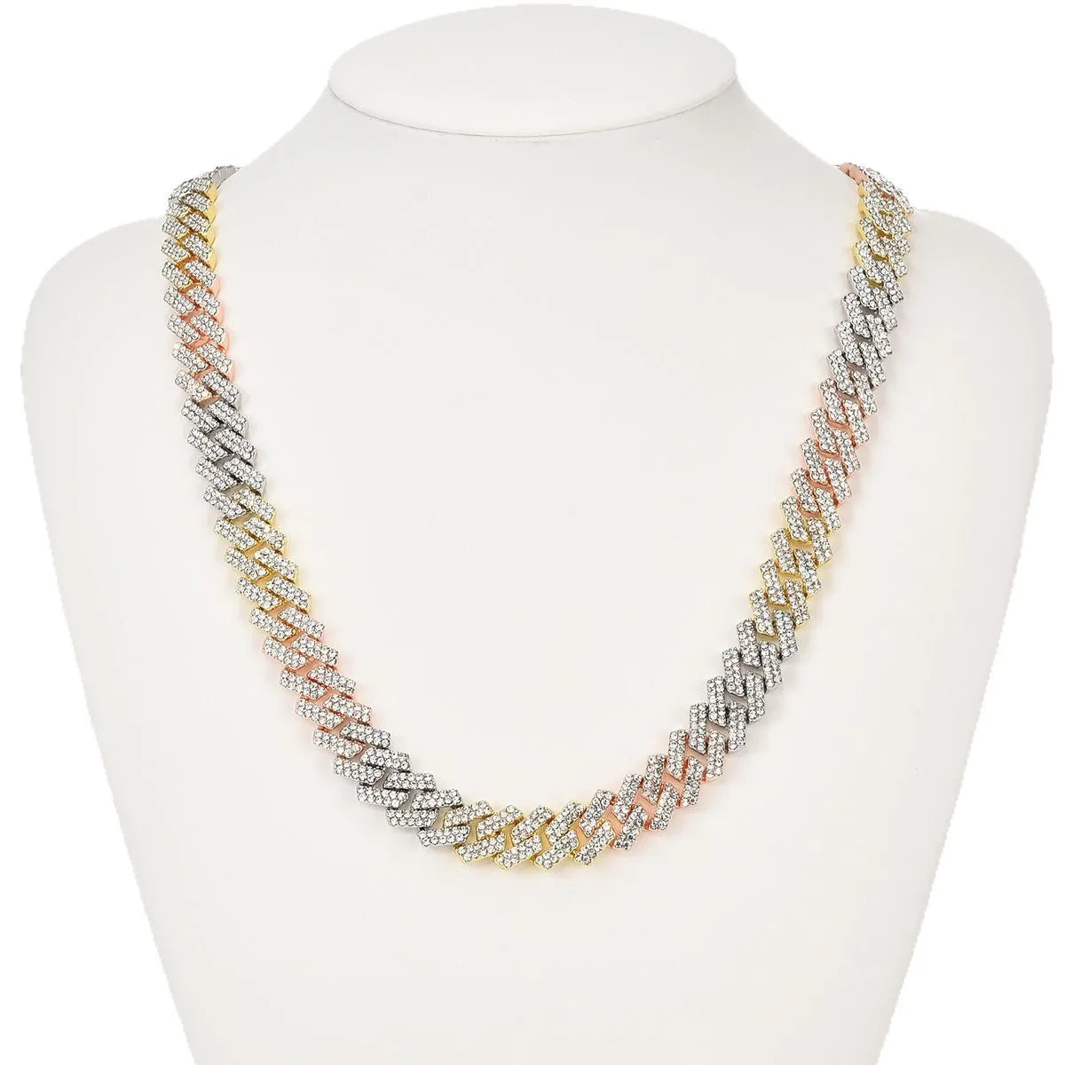 Hot Selling 13MM Tricolor Full Diamond Cuban Chain Necklace Source Manufacturers' Hip Hop Personality Box Buckle Fashionable