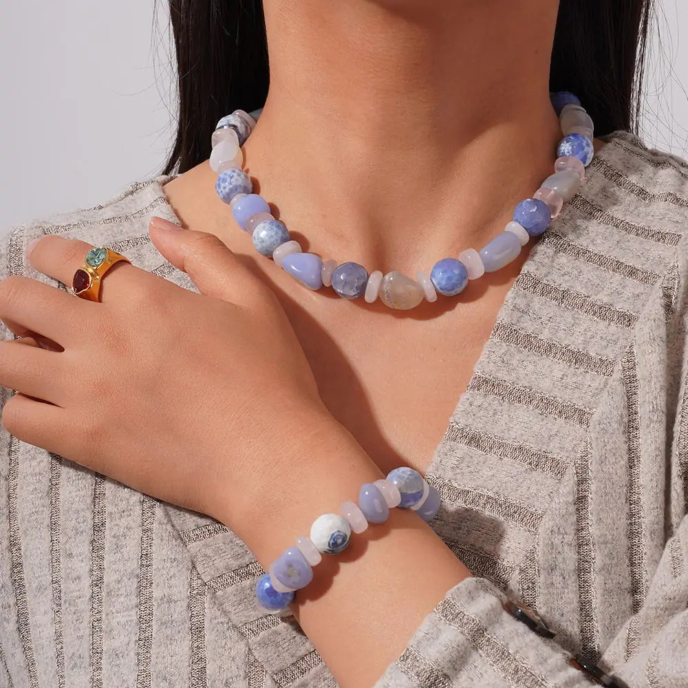 Yoga Natural Stone Big Stone Elastic Bracelet Necklace Healing Natural Stone Purple Agate Necklace Handmade Jewelry