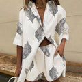 Summer Bearch Suit Women Leaf Printed Two Piece Set Elegant Casual Lapel Single Breasted Shirt Loose Pants Shorts Outfit Set