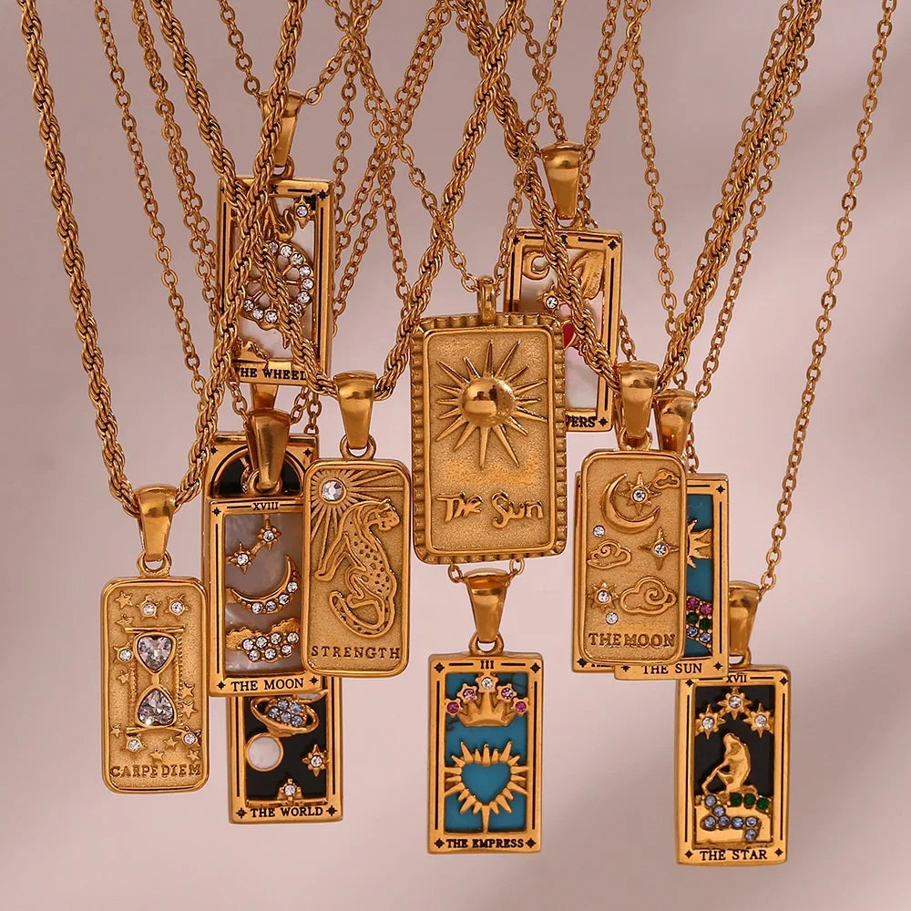 Dreamshow Colorful Shell Zircon Tarot Card Necklace PVD Gold Plated Stainless Steel Jewelry Necklace Set